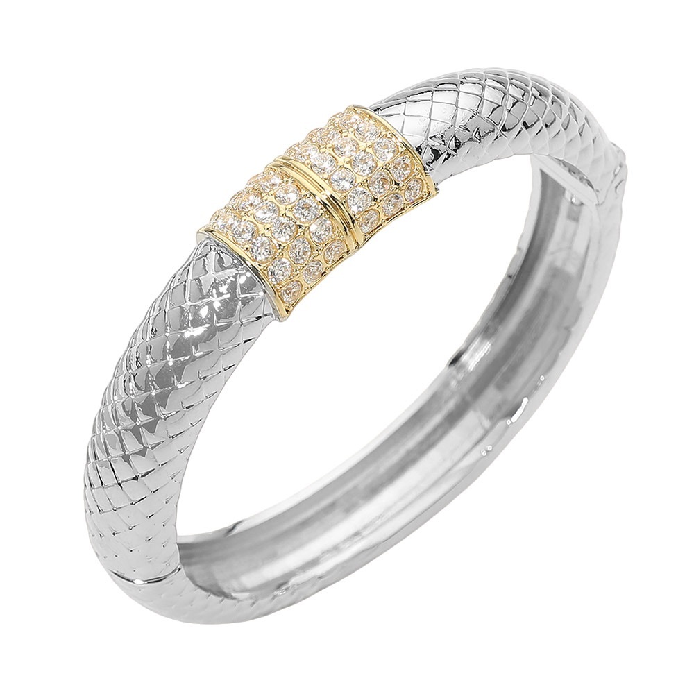 Elegant 14K Gold Plated Two Tone Pave Bar Textured Bangle Bracelet